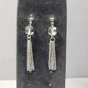 Pierced Earrings Silver Tone Beaded Dangle Tassel Mid Century Modernist Boho 2" - Picture 1 of 9