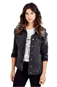 $279 Authentic Rare TRUE RELIGION Women's Destroyed Ripped Denim Jeans Jacket - Picture 1 of 6