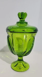 Vintage MCM Viking Glass Green Epic Six Petal Pedestal Covered Candy Dish W/ Lid - Picture 1 of 4