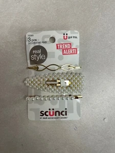 Scunci Real Style Decorative Hair Pins, Pearl Studded, 3 Ct New Gold barrettes - Picture 1 of 2