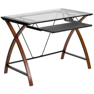 Scranton & Co Glass Top Computer Desk in Black and Cherry - Picture 1 of 2