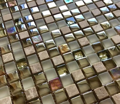 Azulejos de mosaico de piedra natural/dorado cromado y vidrio iridiscente martillado Mocha  Foto 1 de 4