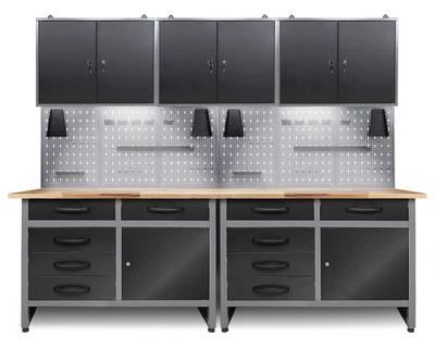 Ondis24 Werkstatt Set 240cm 2x Werkbank Metall 3x Werkzeugschrank Lochwand LED - Bild 1 von 4