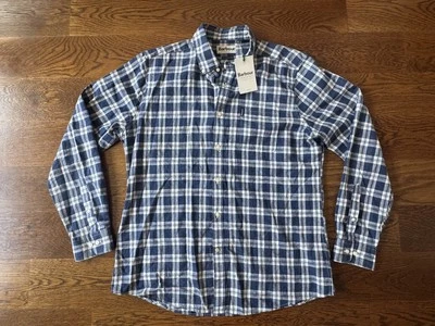 * BARBOUR MENS LINEN PLAID TARTAN NAVY BLUE CHECK MEDIUM/M TAILORED SHIRT * NEW - Image 1 of 4