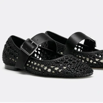 ZARA Mujer Negro Tejido Cuero Mary Jane Zapatos Planos Hebilla Ancha Cierre 7/7.5 Foto 1 de 4