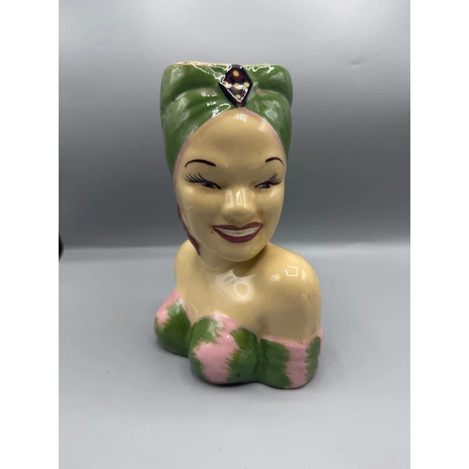 Jarrón cabeza dama vintage EHTF Carmen Miranda rosa verde usado en excelente estado regalo único Foto 1 de 4