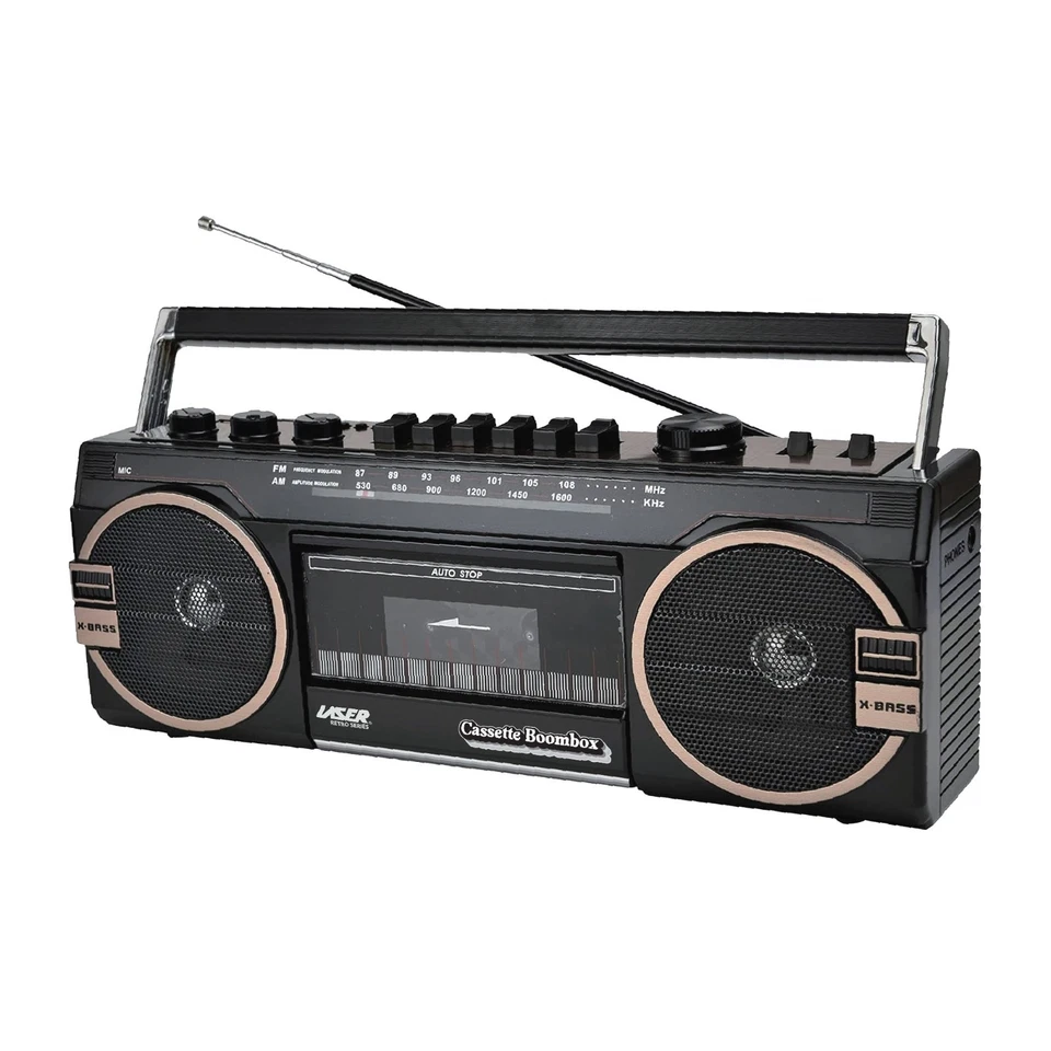 Laser Retro Cassette Boombox Bluetooth AM FM Radio Stereo Black - Image 1 of 4