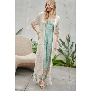 🎀Davi & Dani Short Sleeves Side Slit Fringe Details Kimono Cardigan | Size S/M - Picture 1 of 7