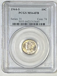 Moneda de diez centavos Mercury 1944 S 10C graduación profesional MS64 FB 90 % plata KM#140 - Imagen 1 de 12