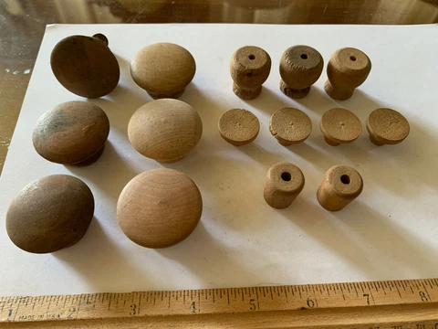 Vintage Lot of 15 assorted raw Wood Drawer Knobs Round Pull Cabinet Dresser Cover