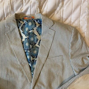Tallia Blazer Mens 42 Long Teal/Beige Stripe Seersucker 2 Button Sports Coat - Picture 1 of 14