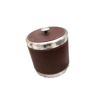 HAMPTON HOME SS ICE BUCKET w/LID & SCOOP w/brown leather wrap (frnt door)