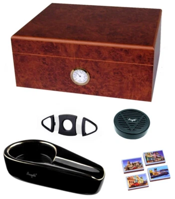 Angelo Humidor Set Wurzelholz-Optik ca 50 Zigarren Polymer-Befeuchter Ascher Cut - Bild 1 von 4