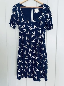 Maeve Anthropologie Dress 2 Navy Blue White Fern Ruched Short Sleeve Keyhole - Picture 1 of 7