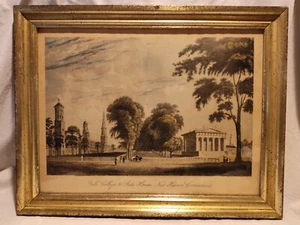 Framed Antique Print Yale College & State House New Haven Connecticut 1800s 18" - Picture 1 of 9