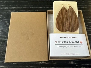 Nickel and Suede “Cedar Grove” 2” Teardrop Leather Earrings New in Original Box - Picture 1 of 7