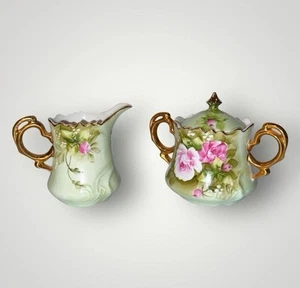 LEFTON CHINA GREEN HERITAGE PINK ROSES COVERED SUGAR BOWL & CREAMER PITCHER 3066 - Picture 1 of 4