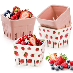 4 Pack Ceramic Berry Basket, Square Fruit Bowls, Kawaii Strawberry Kitchen Bo... - Picture 1 of 8