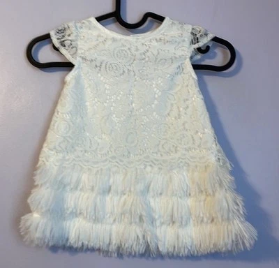 Catherine Malandrino Mini White Floral Lace Tiered Sherpa Fringe Dress 24 months - Image 1 of 4