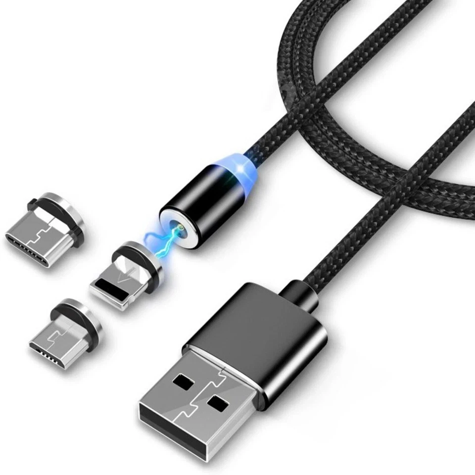 3 in 1 Magnetic USB Cable 3A FAST Charging Charger Sync Phone USB-C Micro + iOS - Image 1 of 4