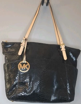 Michael Kors Shoulder  Tote Bag Python Snake  Embossed Zipper  Black Tan Straps - Image 1 of 4