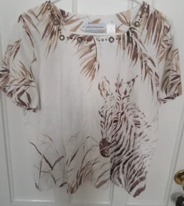 Pet ALFRED DUNNER Sh Sleeve White w Brown Zebra Square Neck Cotton Blend  Top PL - Picture 1 of 6