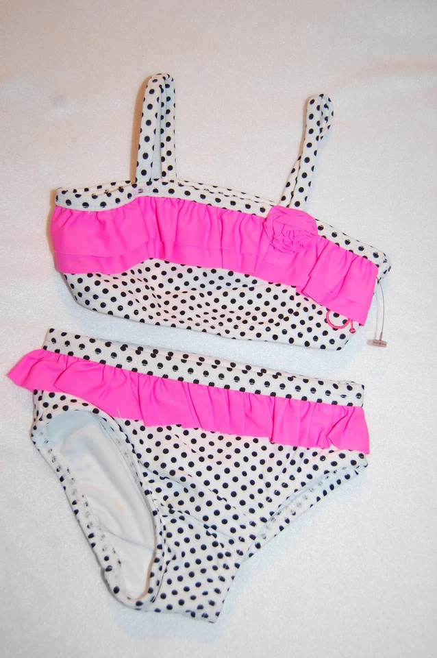 Toddler Girls 2 PC BIKINI Swimsuit WHITE w/ BLACK POLKA DOTS Pink Ruffles 12 MO - Image 1 of 1