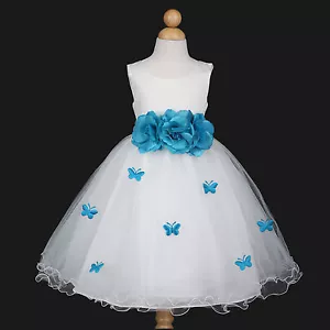 Ivory/Turquoise Blue Bridesmaid Wedding Flower Girl Dress 6M 12M 18M 2 4 6 8 10 - Picture 1 of 2