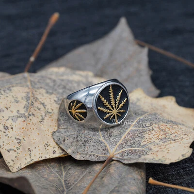 Anillo dorado para hombre marihuana cannabis hoja acero inoxidable para hombre talla 7-15 regalo Foto 1 de 4