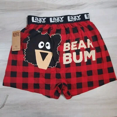 Lazy One Boxers Mens M Bear Bum Red Black Checkered Elastic Waist Button Fly NWT - Image 1 of 4