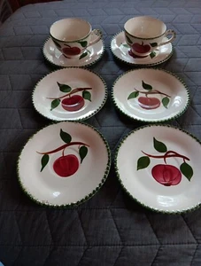 Blue Ridge Quaker Apple 2 Cups & 6 Saucers Footed Southern Pottery Candlewick - Picture 1 of 20