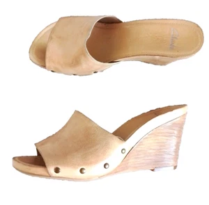 CLARKS CREAM BEIGE LEATHER SLIP ON MULES 4" WEDGE SANDALS SHOES UK 7 D EURO 41 - Picture 1 of 14
