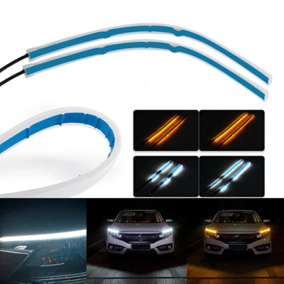 2X White 30CM Slim Amber Sequential Flexible LED DRL Turn Signal Strip Headlight - Image 1 of 4