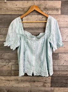 By Anthropologie Womens Blouse Top Size Large Light Blue Puff Sleeve Broderie - Picture 1 of 10