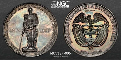 1969 COLOMBIA 150TH BATTLE OF BOYACA SILVER MEDAL NGC MS 64 #6877127-006 TOP POP - Image 1 of 4