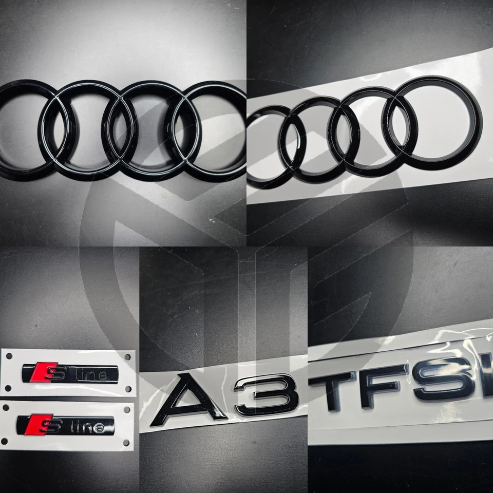 PREMIUM AFTERMARKET Audi A3 2013-2020 Gloss Black Badges GRILLE/BOOT/FENDER SET Inc 2 X S-Line/TFSI