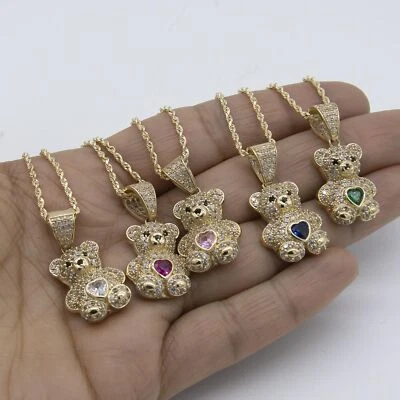 Collar Colgante Corazón Oso de Peluche Colorido 1 1/4" Oro Amarillo 14K Foto 1 de 4