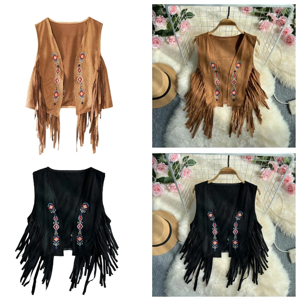 70S Hippie Suede Fringe Jacket 60S 70S Hippie Vest for Outdoor Activities Travel - Image 1 of 1