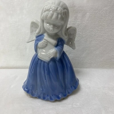 De Colección Enesco Ángel Azul Estatuilla Cerámica Pelo Blanco Alas Belén Navidad Foto 1 de 4