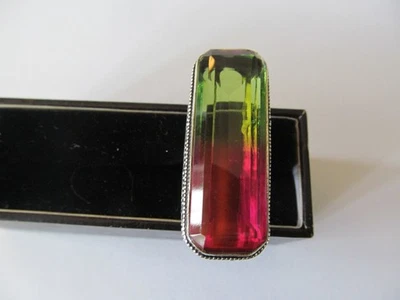 NEW RECTANGLE FACETED GREEN-PINK CRYSTAL COCKTAIL STERLING SILVER RING (SIZE 8) - Image 1 of 4