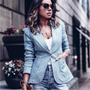 Smythe Duchess Patch Pocket Linen Blazer Tonal Blue Stripe Leather Elbows Sz 4 - Picture 1 of 16