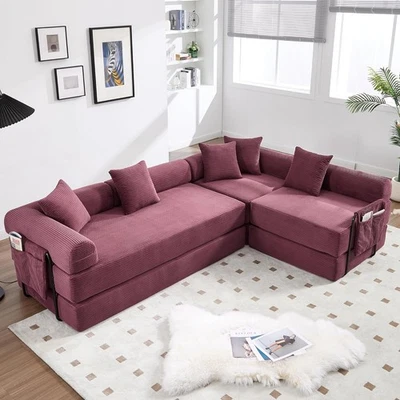 Sofá cama seccional de pana con nube modular de gran tamaño en forma de L Foto 1 de 4