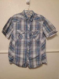 Vintage 7 Diamonds Shirt Men L Blue Plaid Short Sleeve Pearl Snap Button Western - Picture 1 of 24