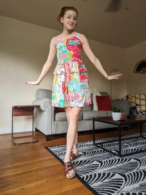 1970s Colorful Printed Pullover Dress with Peplum - Image 1 of 4