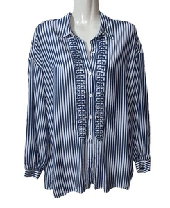 Max Studio Top S Blue & White Striped 70’s Ruffle Front Tunic Preppy Refined - Picture 1 of 9