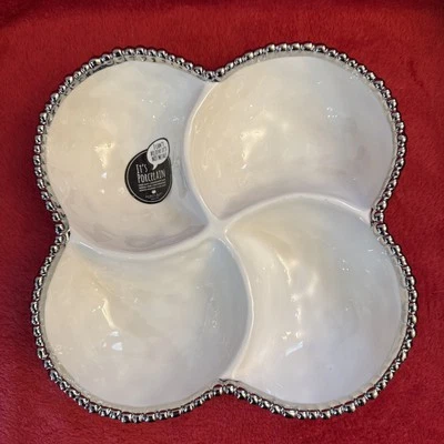 Pampa Bay Salerno Collection Porcelain 4 Section White Bowl W/Silver Beaded Edge - Image 1 of 3