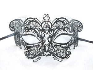BLACK LASER CUT METAL VENETIAN MASQUERADE MASK SWAROVSKI CRYSTALS - Picture 1 of 5