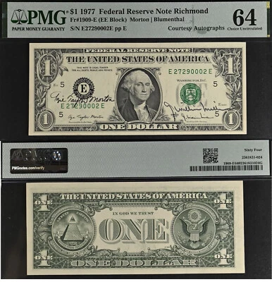 1977 $1 Federal Reserve Note - PMG 64 - Dual Autograph - Morton / Blumenthal - Image 1 of 3