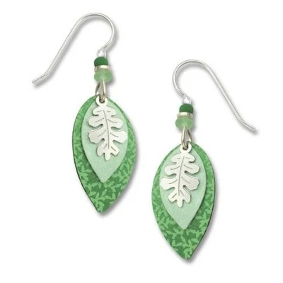 Adajio Leaf Charm Over Mint Green Backers 3-Part Pierced Earrings Made in USA - Image 1 of 3