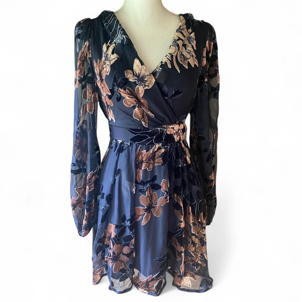Lulu's Stunning Feeling Blue Velvet Floral Chiffon Burnout Mini Dress Fairy Boho - Image 1 of 4